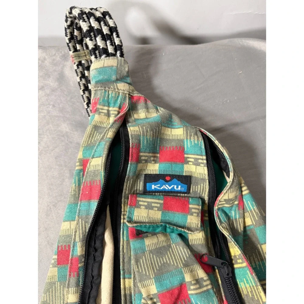 KAVU Rope Bag Canvas Sling Backpack Geometric Tribal Print Green Red Yellow